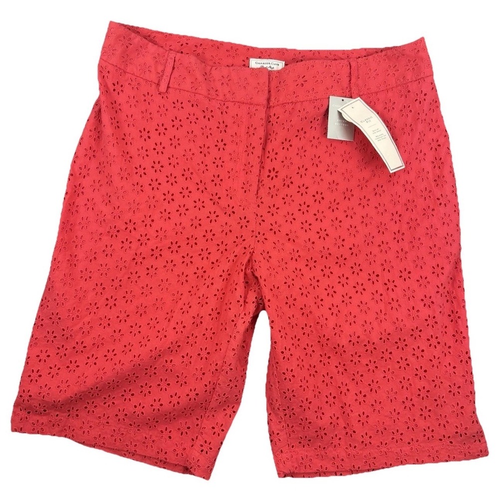 Charter‎ Club Shorts Women 16 Red Eyelet Cotton Classic Fit Bermuda New